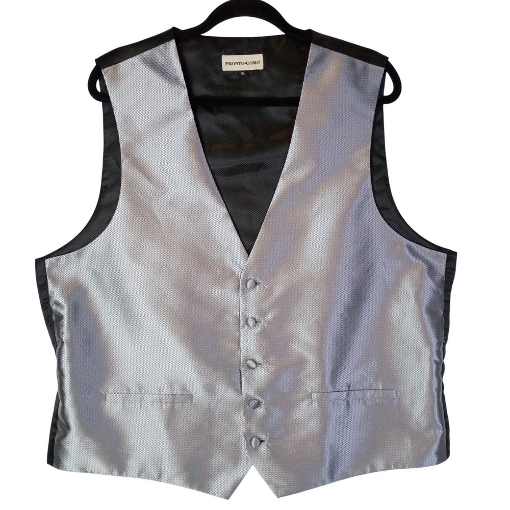 Pronto Uomo Mens XL Gray Formal Dress Vest Textured Business Silver Black Shiney